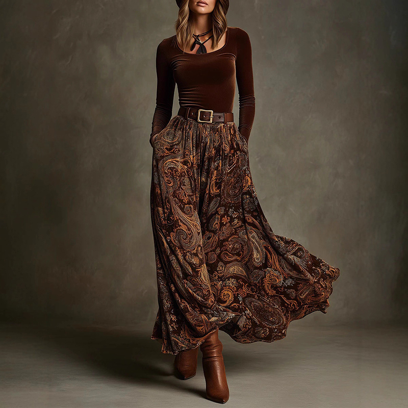 Vintage Printed Velvet Belted Maxi Dress