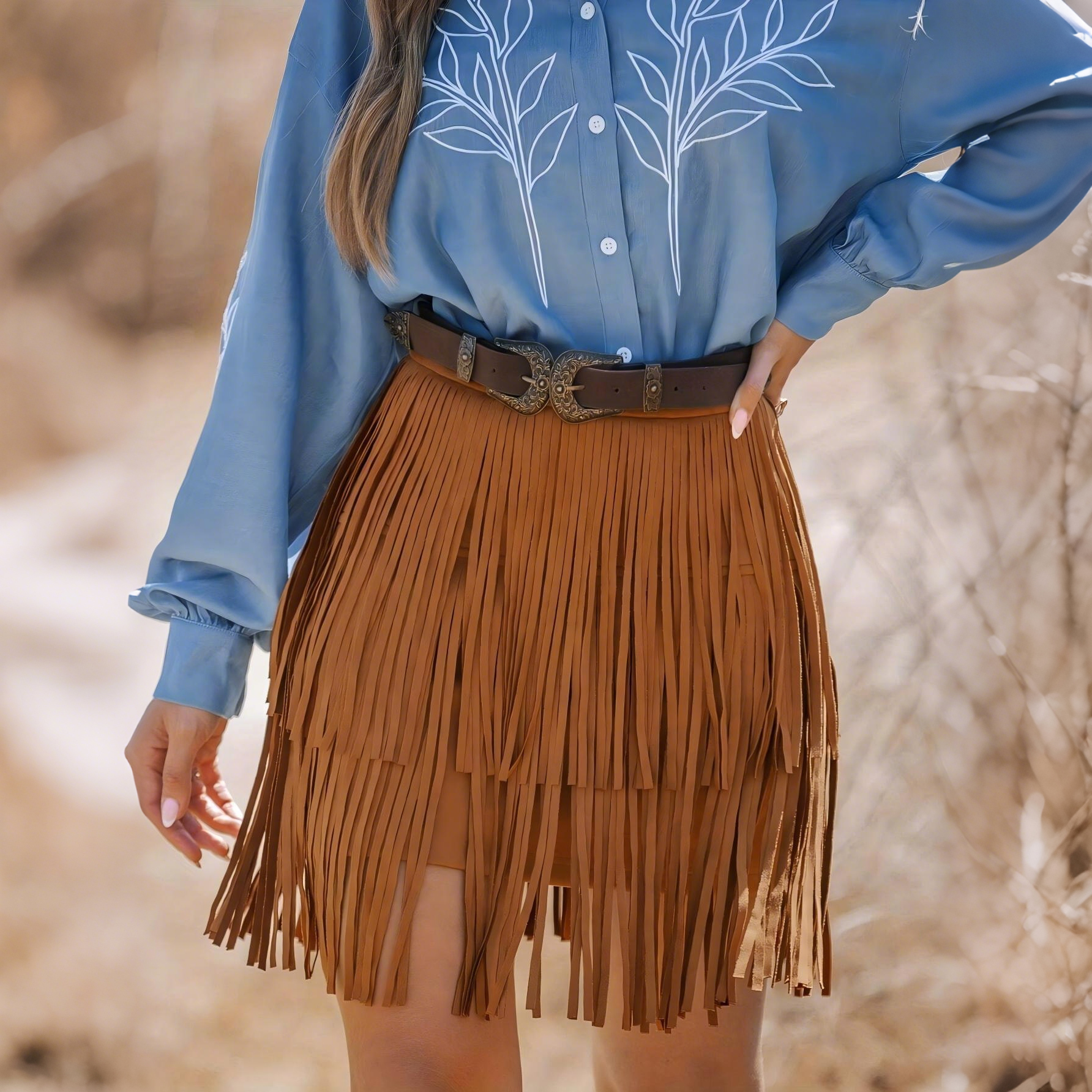 Vintage Western Cowboy Style Fringed Suede Skirt