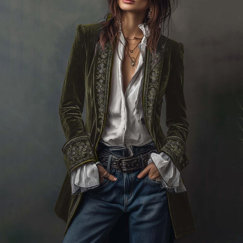 Vintage Long-sleeved Patchwork Lace Gold Velvet Jacket