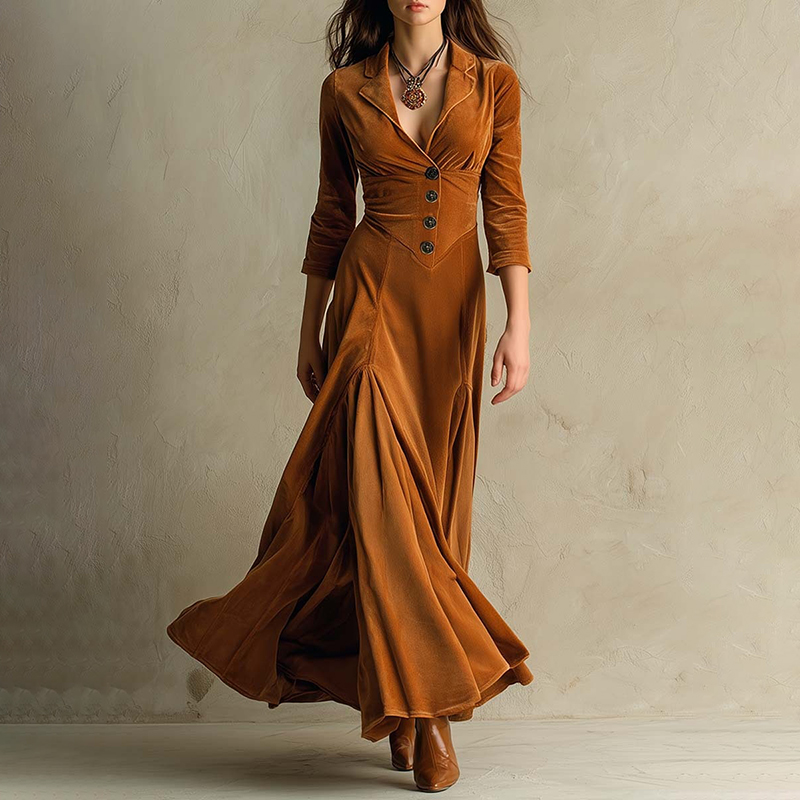 Vintage Solid Color Button Lapel Velvet Maxi Dress