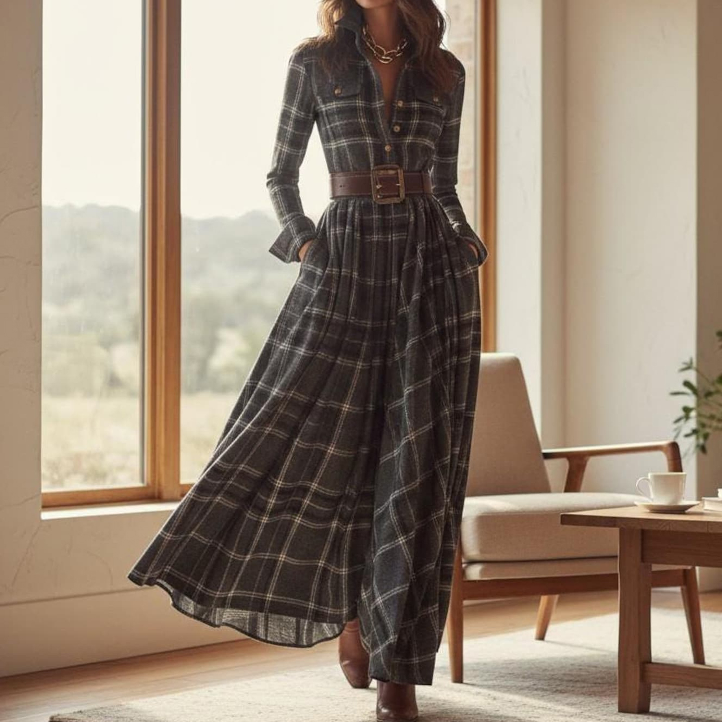 Vintage Khaki Plaid Inspired Belted Cottagecore Autumn Winter Long Sleeve Button-up Shirt Maxi Dress