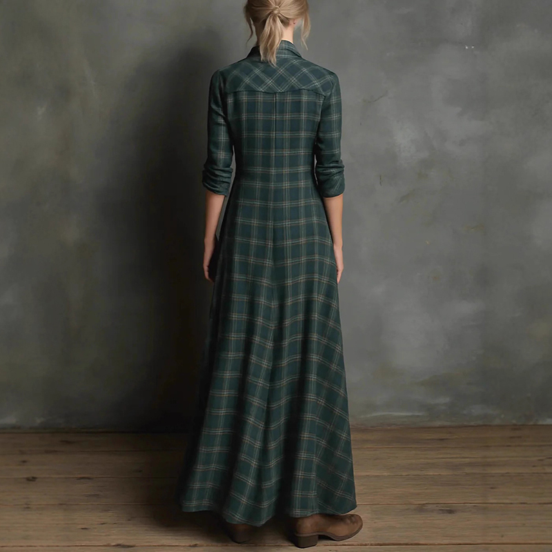 Vintage Elegant Long Sleeve Plaid Shirt Maxi Dress