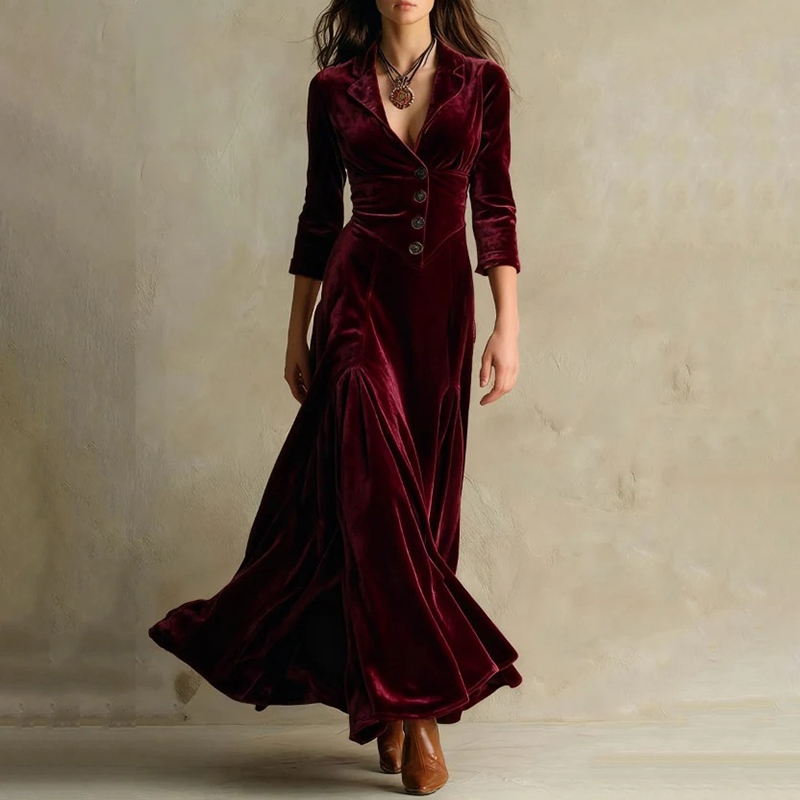 Vintage Solid Color Button Lapel Velvet Maxi Dress