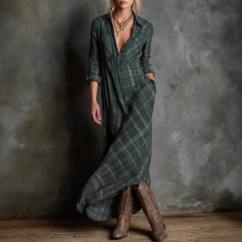 Vintage Elegant Long Sleeve Plaid Shirt Maxi Dress