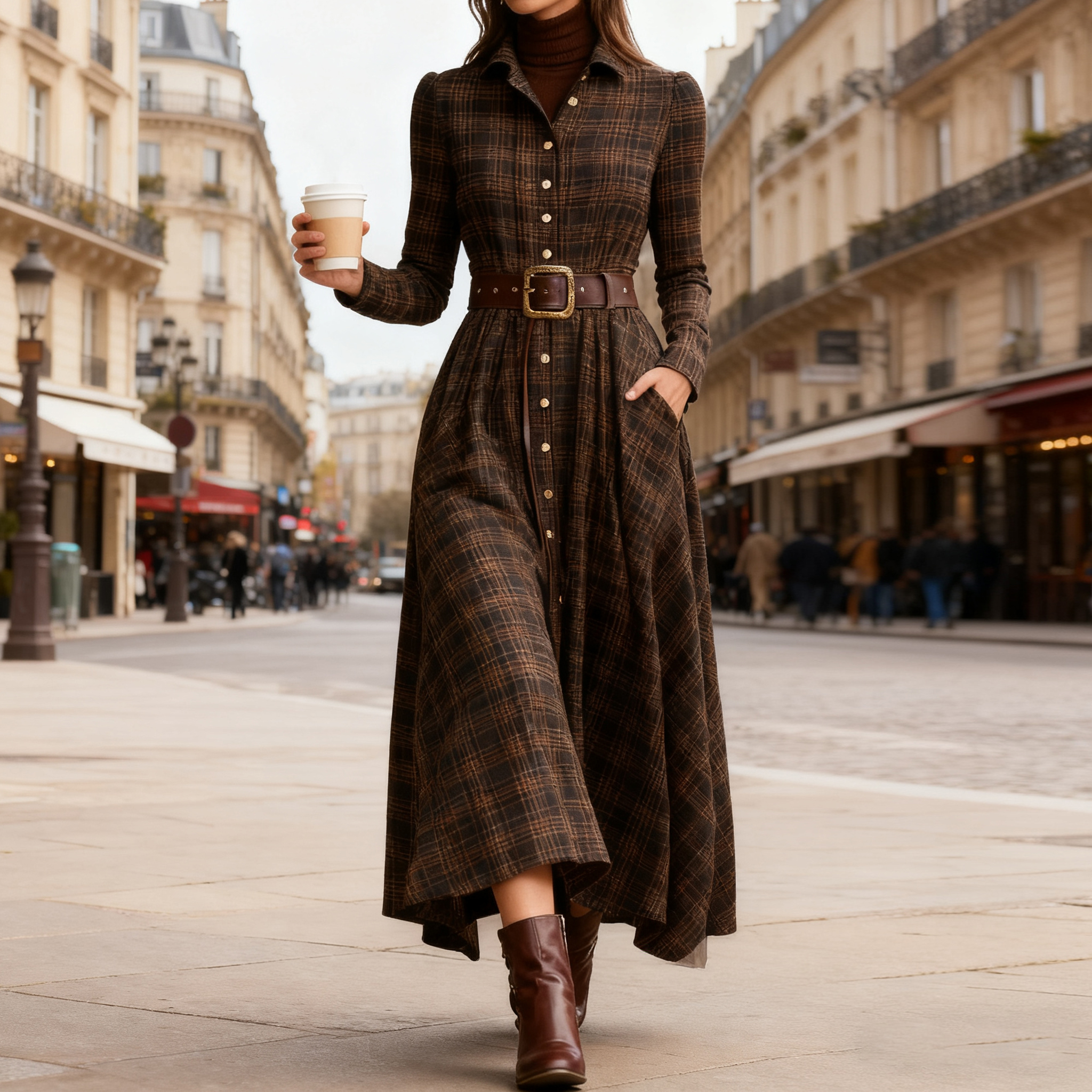 Vintage Plaid Inspired Autumn Winter Long Sleeve Button-up Shirt Maxi Dress