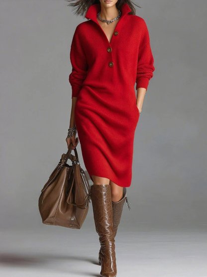 Casual Button Lapel Knit Mid-Length Sweater Dress