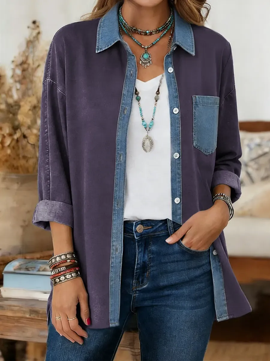 CLEARANCE SALE🔥  Women's Print Casual Denim Patchwork Cotton Shirt