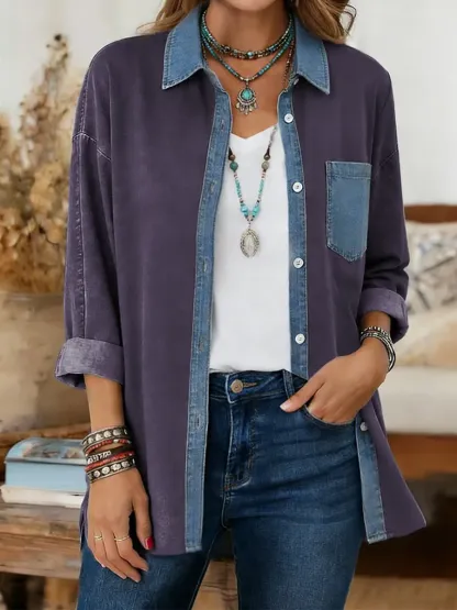CLEARANCE SALE🔥  Women's Print Casual Denim Patchwork Cotton Shirt