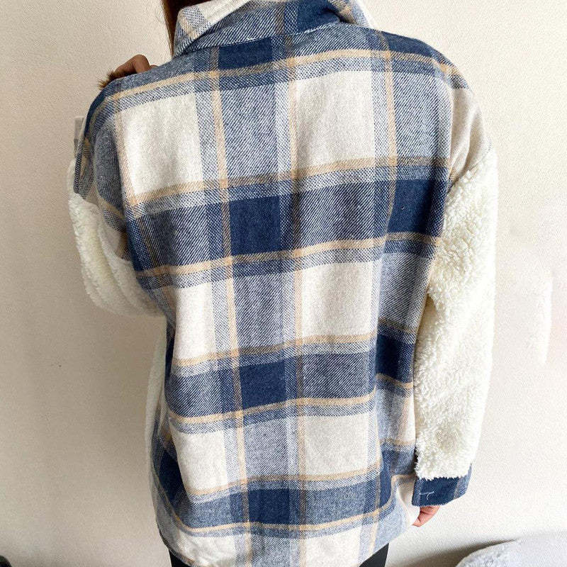 Fashion Casual Plaid Print Patchwork Cardigan Turndown Collar Outerwear