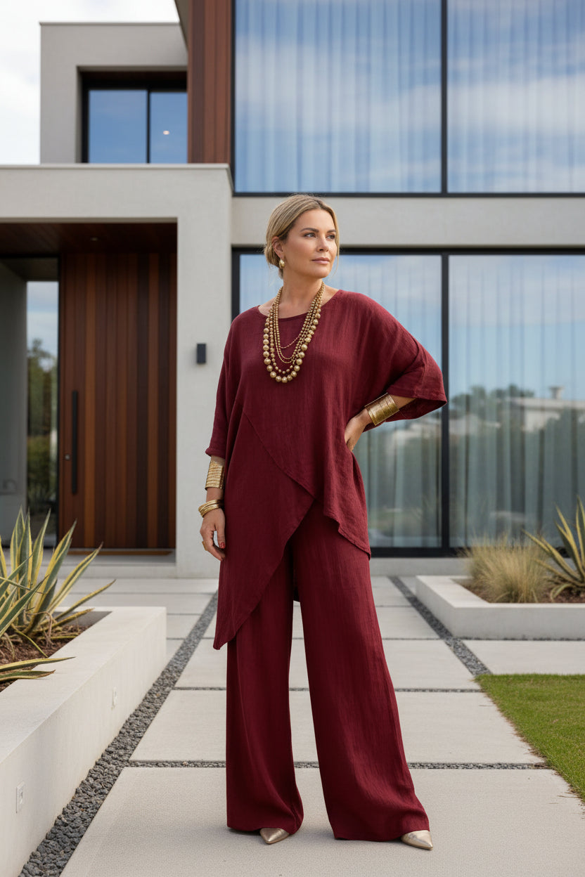 Hot Sale 🔥Cotton Linen Crew-Neck Drop-Shoulder Three-Quarter Sleeve Loose Two-Piece Set