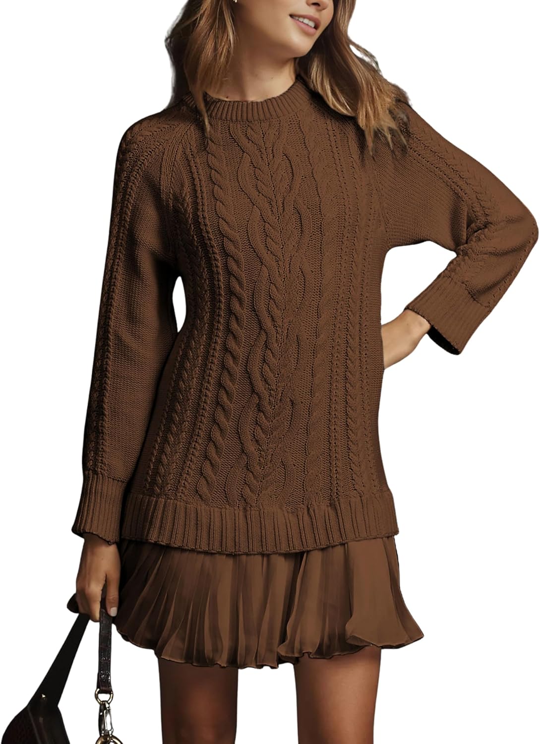 Women Cable Knit Sweater Dress Crewneck Long Sleeve Pleated Mini Dress Twofer Style Patchwork Dress