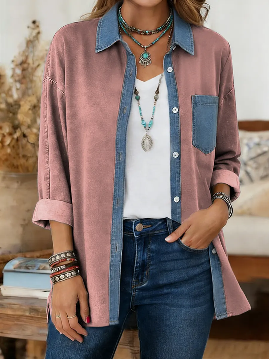 CLEARANCE SALE🔥  Women's Print Casual Denim Patchwork Cotton Shirt