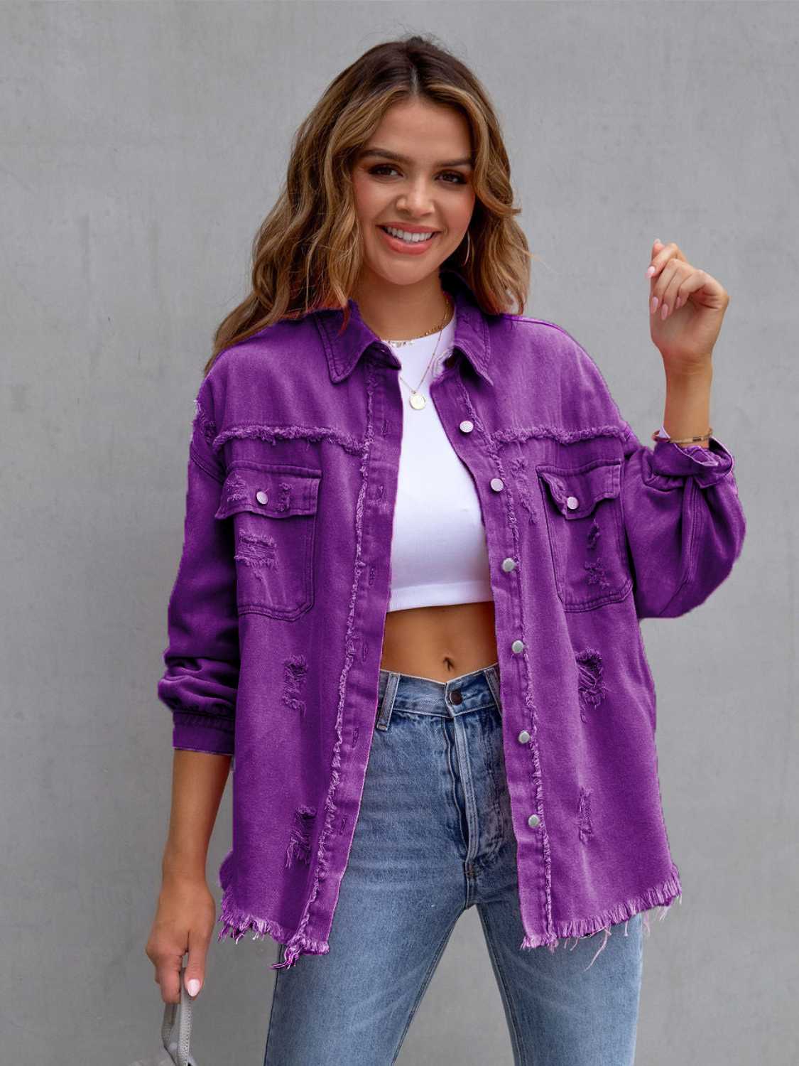 Distressed Drop Shoulder Denim Jacket Women – Oversized Casual Jean Jacket