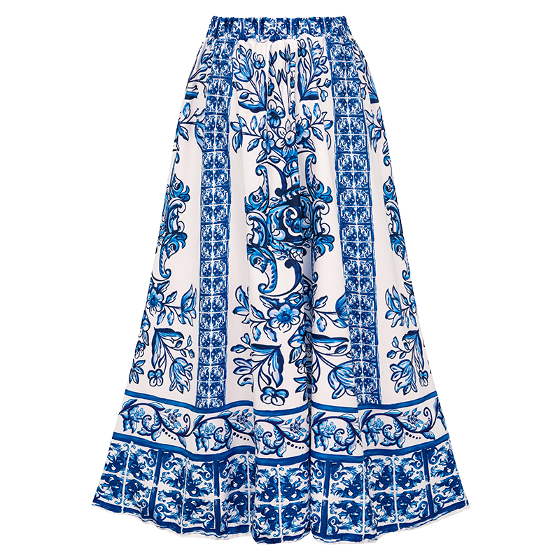 Ruffle Blue and White Porcelain Pattern Majolica Print One Piece Swimsuit and Skirt or Sarong