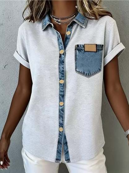 CLEARANCE SALE🔥Denim Trim Short Sleeve Shirt