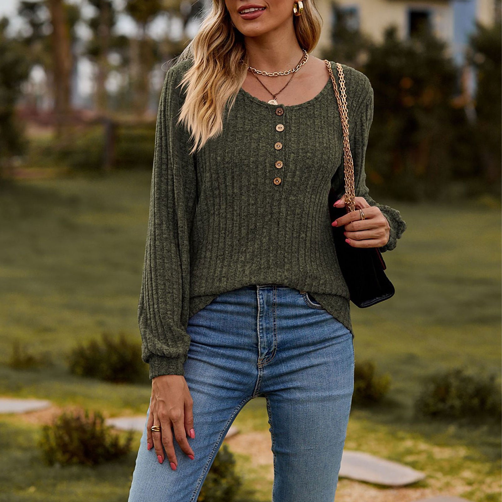 Women's Fall Button Scoop Neck Puff Long Sleeve Henley Shirts