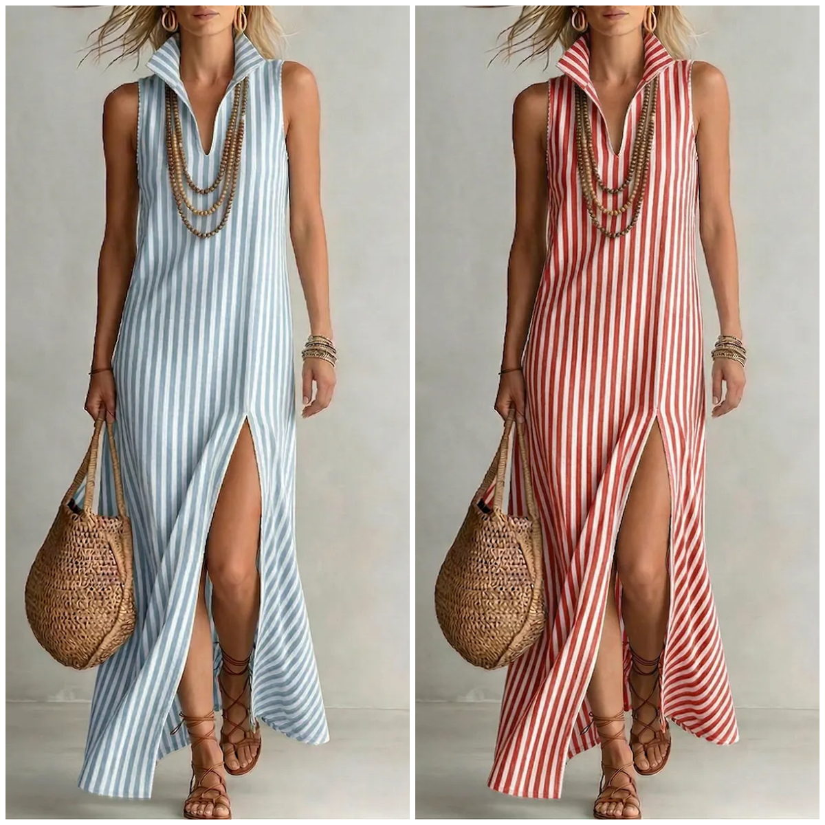 Stylish Classic Striped Stand-collar Cotton-linen Maxi Dress
