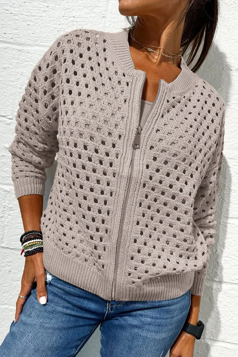 Women’s Casual Hollow Knitwear Zipper Jacket, Crochet Fishnet Knit Shrugs Sweater Jacket Lightweight Cardigans Sweater