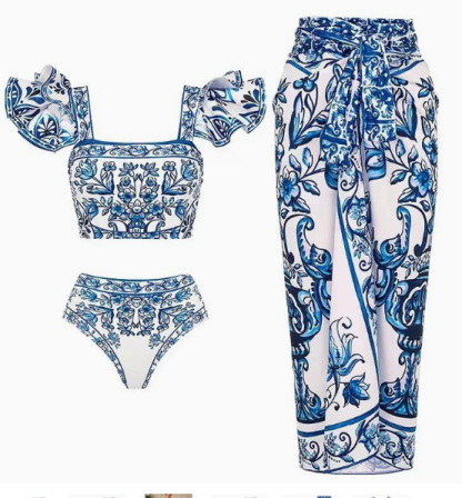 Ruffle Blue and White Porcelain Pattern Majolica Print One Piece Swimsuit and Skirt or Sarong