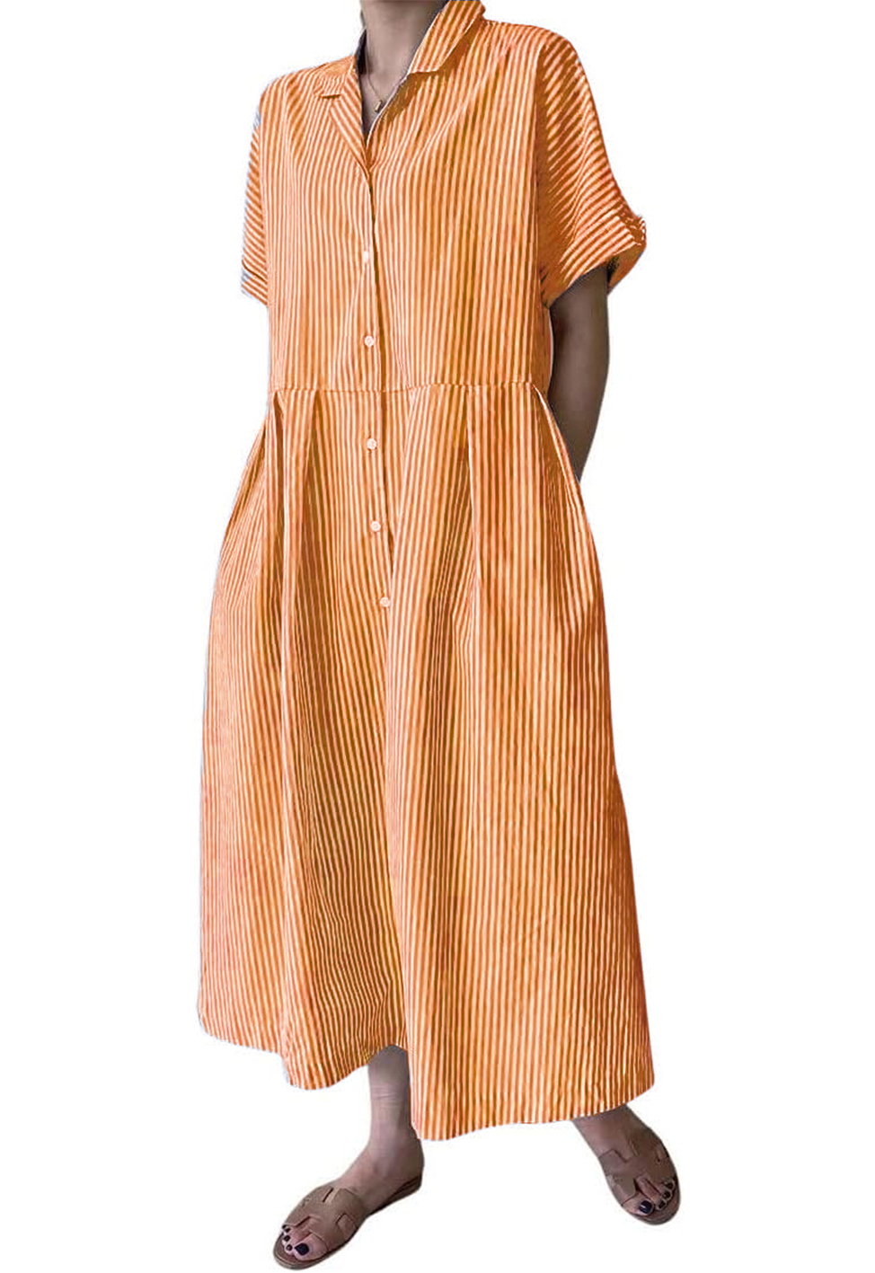 Women's Cotton Striped Shirt Dress Button Up Short Sleeve Midi Long Shift Dress with Pockets(Buy 2 free shipping)