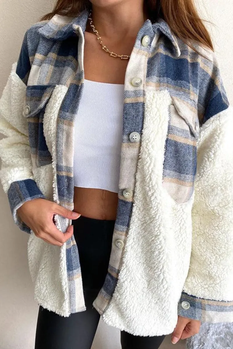 Fashion Casual Plaid Print Patchwork Cardigan Turndown Collar Outerwear