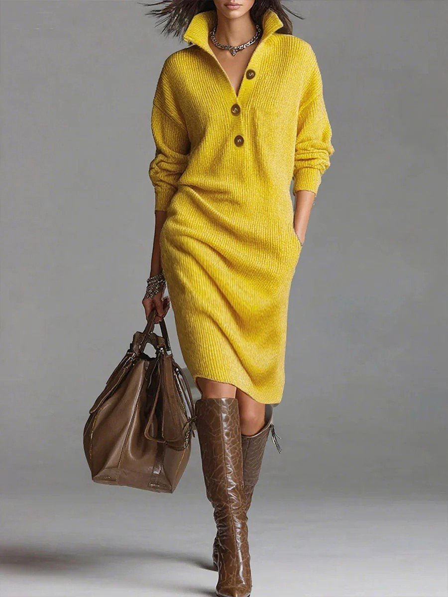 Casual Button Lapel Knit Mid-Length Sweater Dress