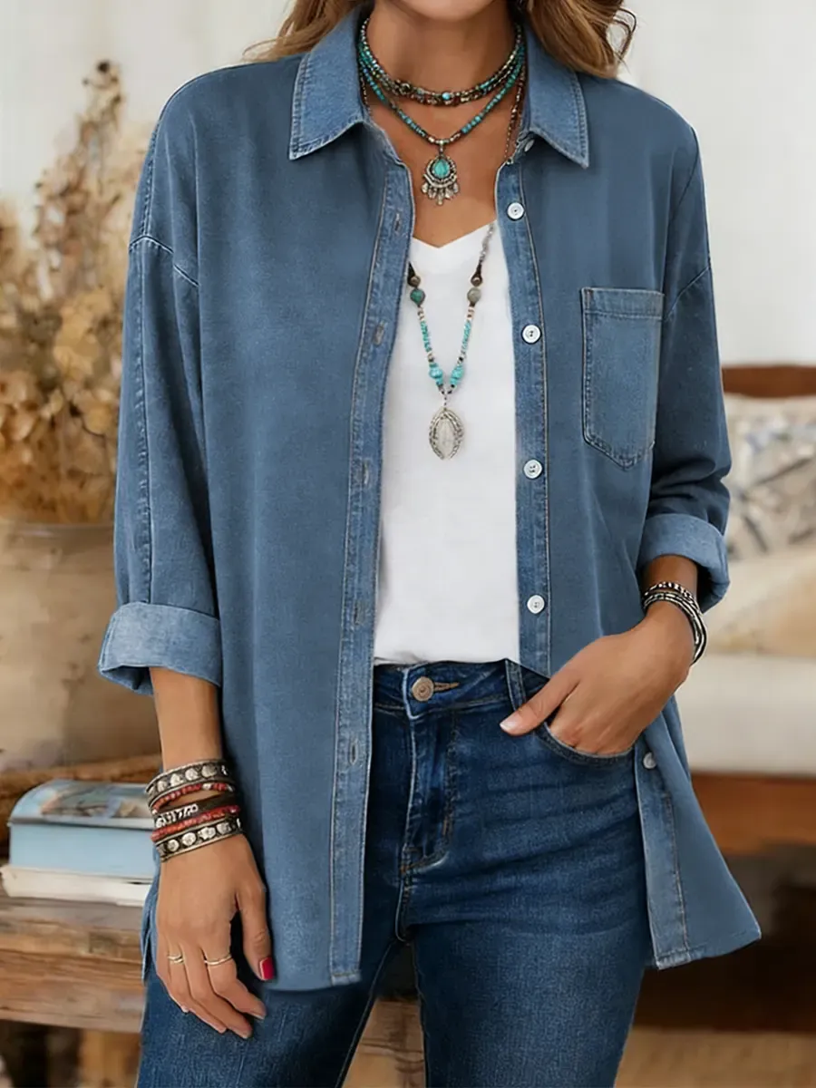 CLEARANCE SALE🔥  Women's Print Casual Denim Patchwork Cotton Shirt