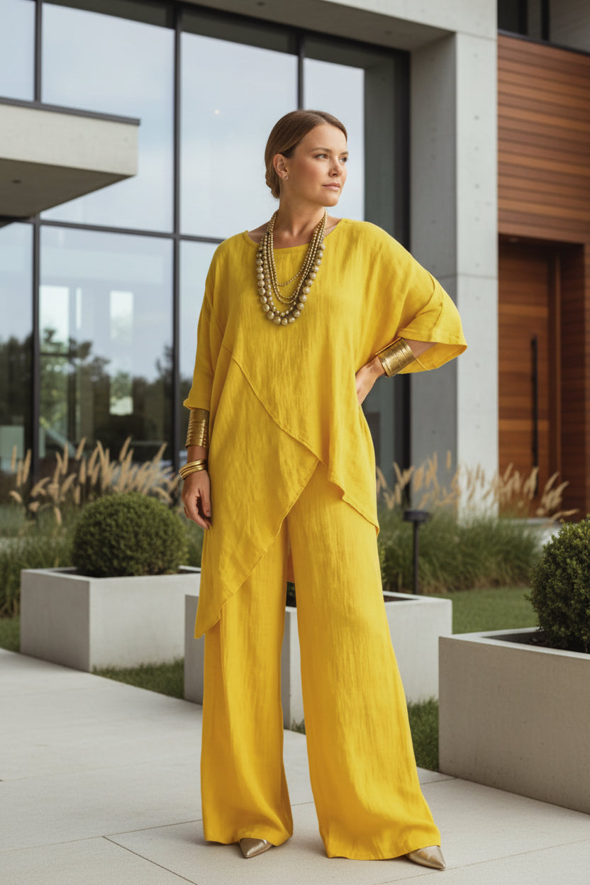 Hot Sale 🔥Cotton Linen Crew-Neck Drop-Shoulder Three-Quarter Sleeve Loose Two-Piece Set