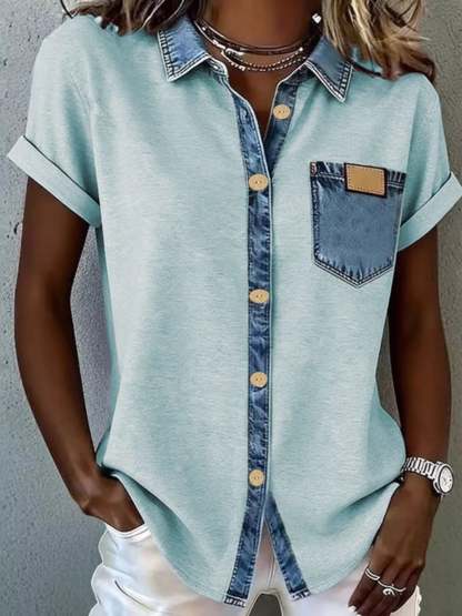 CLEARANCE SALE🔥Denim Trim Short Sleeve Shirt