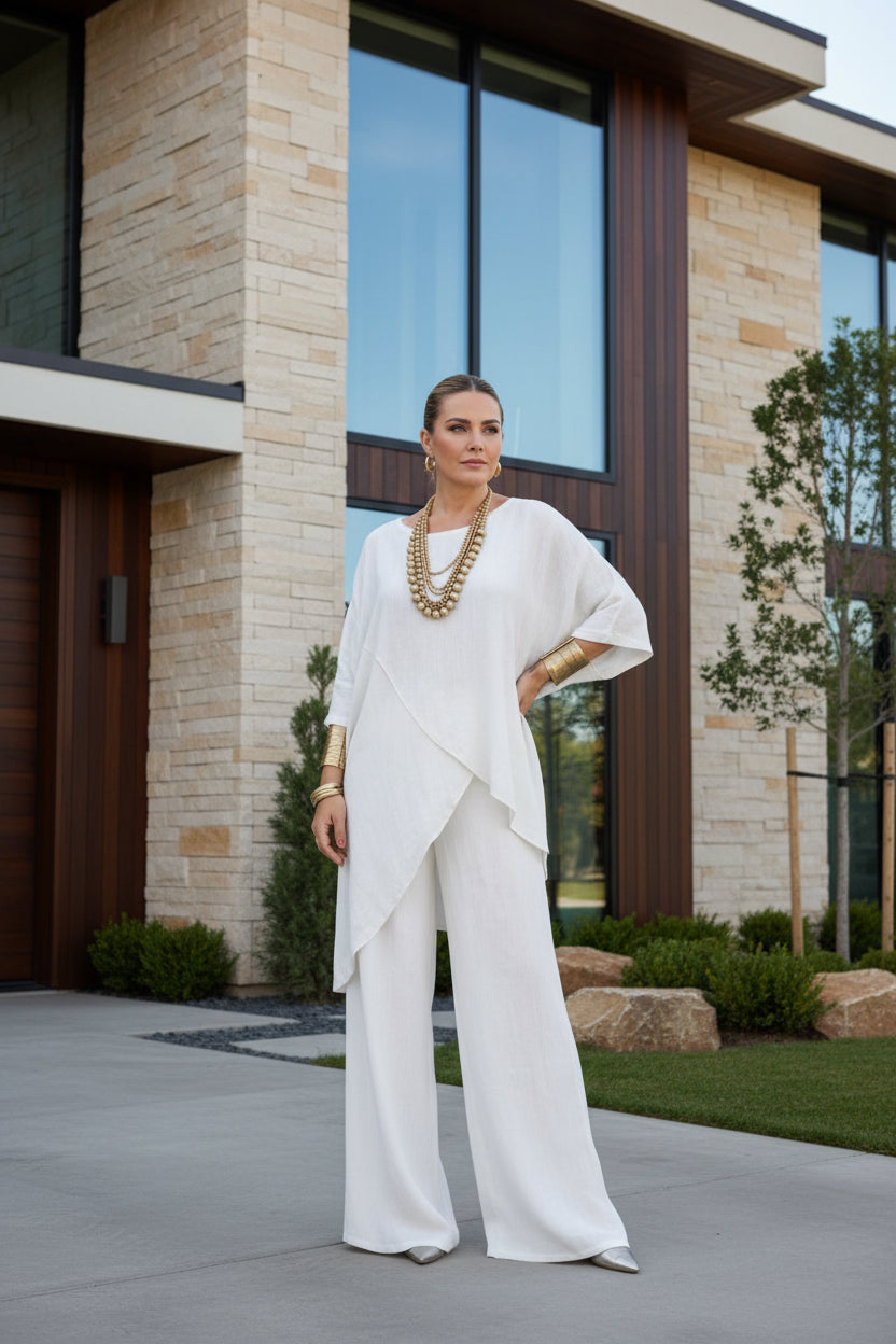 Hot Sale 🔥Cotton Linen Crew-Neck Drop-Shoulder Three-Quarter Sleeve Loose Two-Piece Set