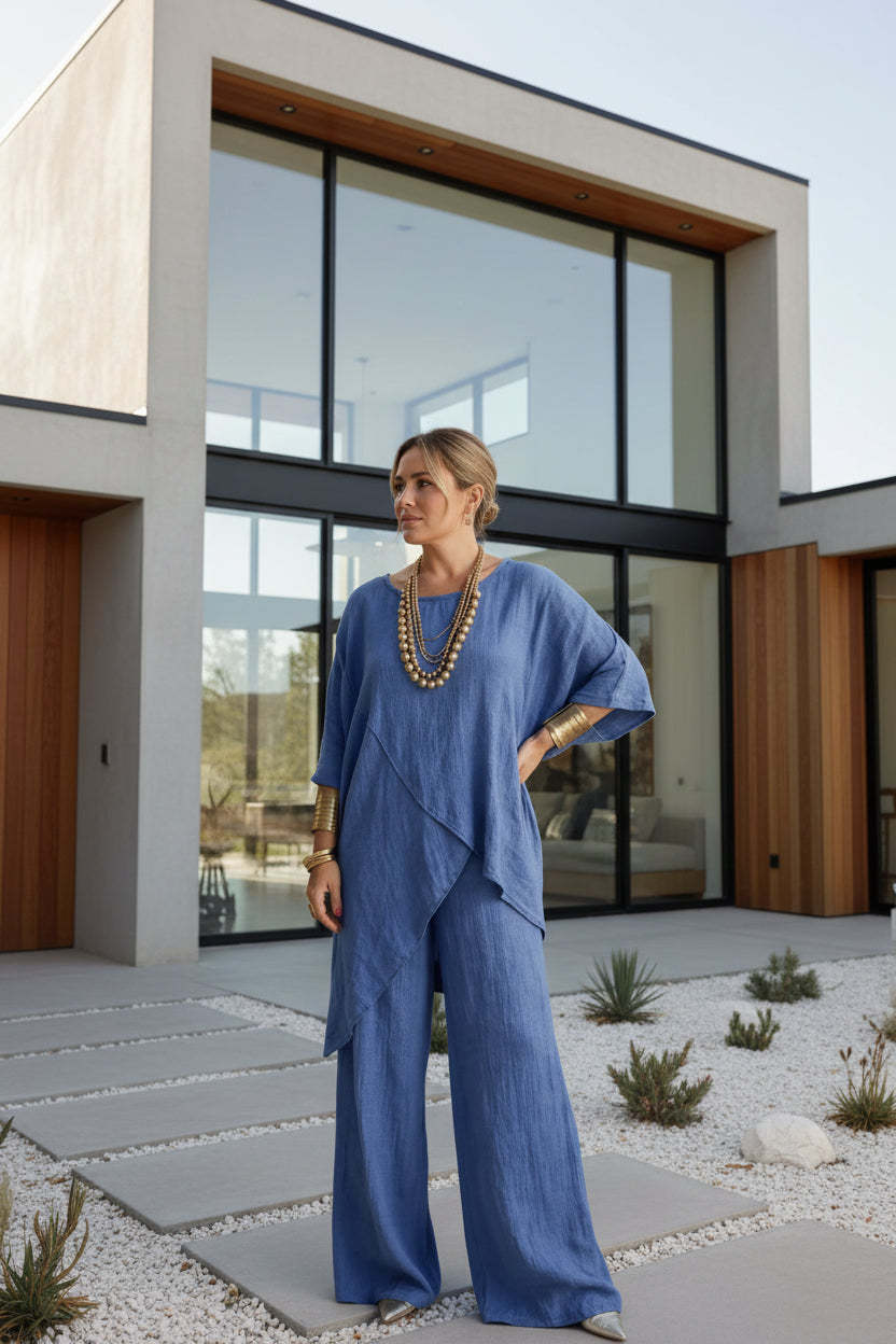 Cotton Linen Crew-Neck Drop-Shoulder Three-Quarter Sleeve Loose Two-Piece Set