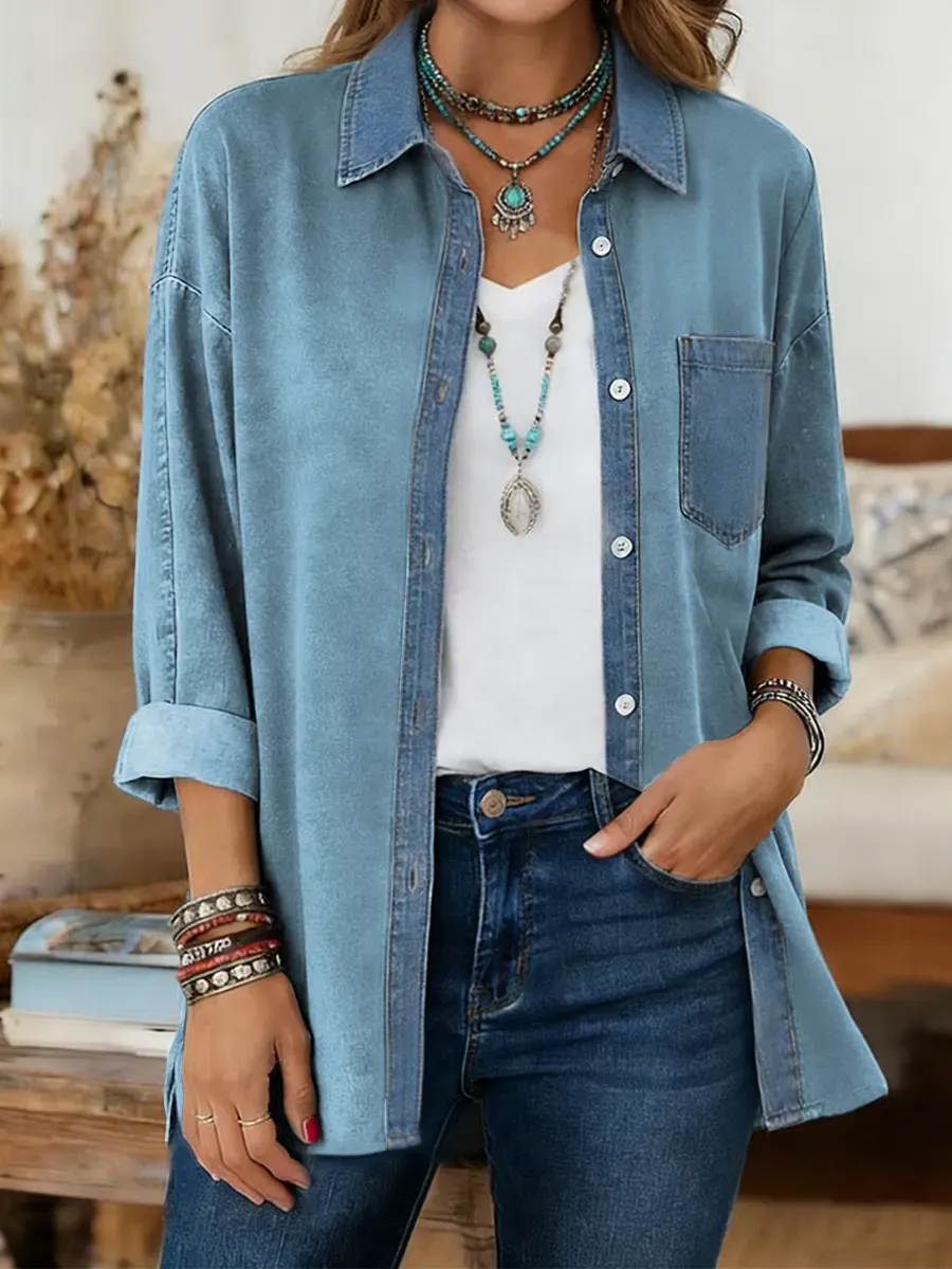 CLEARANCE SALE🔥  Women's Print Casual Denim Patchwork Cotton Shirt