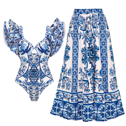 Ruffle Blue and White Porcelain Pattern Majolica Print One Piece Swimsuit and Skirt or Sarong