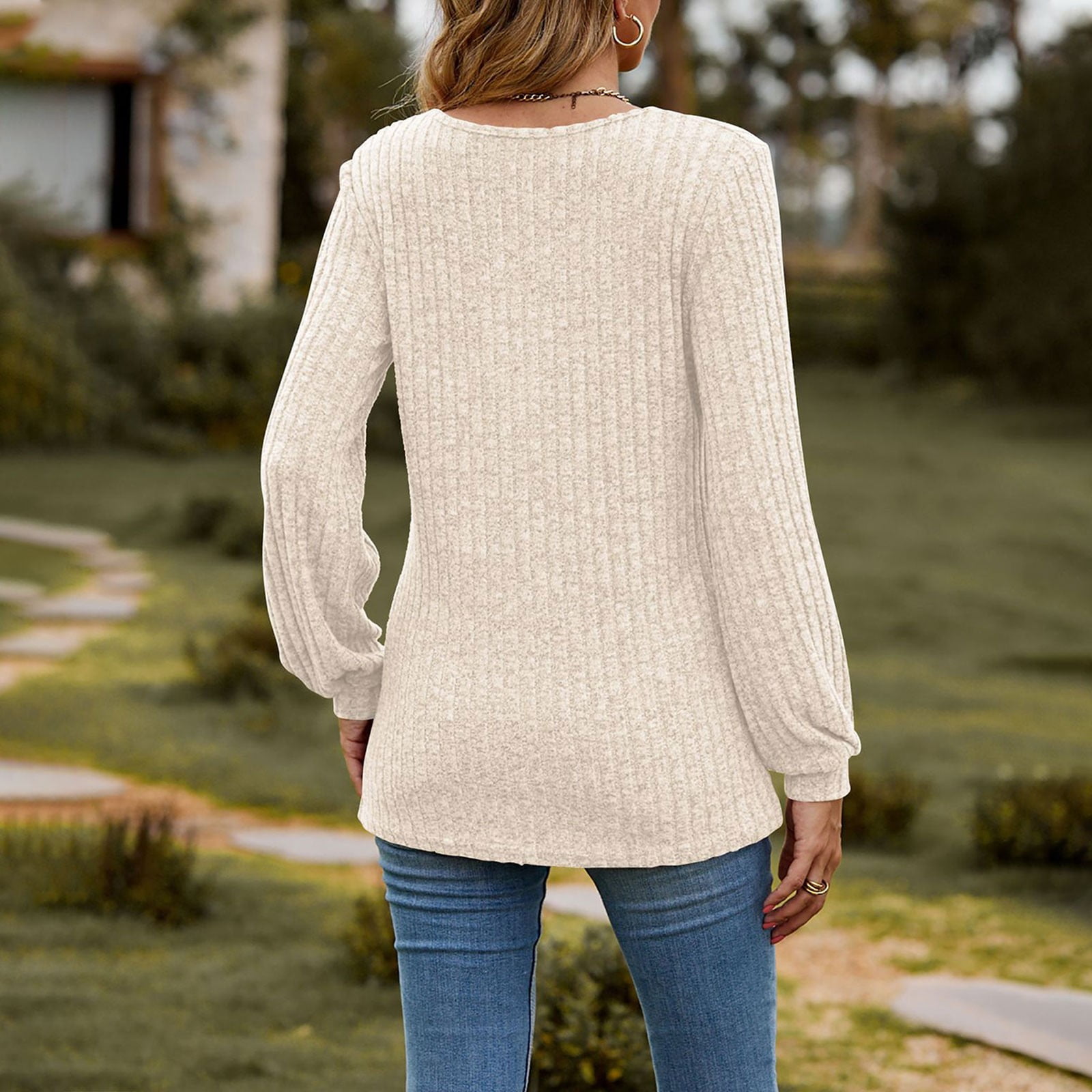Women's Fall Button Scoop Neck Puff Long Sleeve Henley Shirts