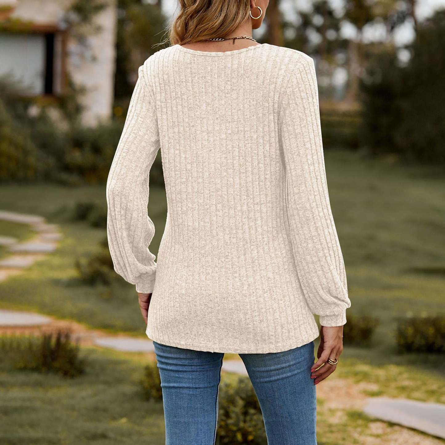 Women's Fall Button Scoop Neck Puff Long Sleeve Henley Shirts