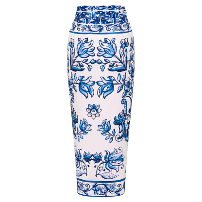 Ruffle Blue and White Porcelain Pattern Majolica Print One Piece Swimsuit and Skirt or Sarong