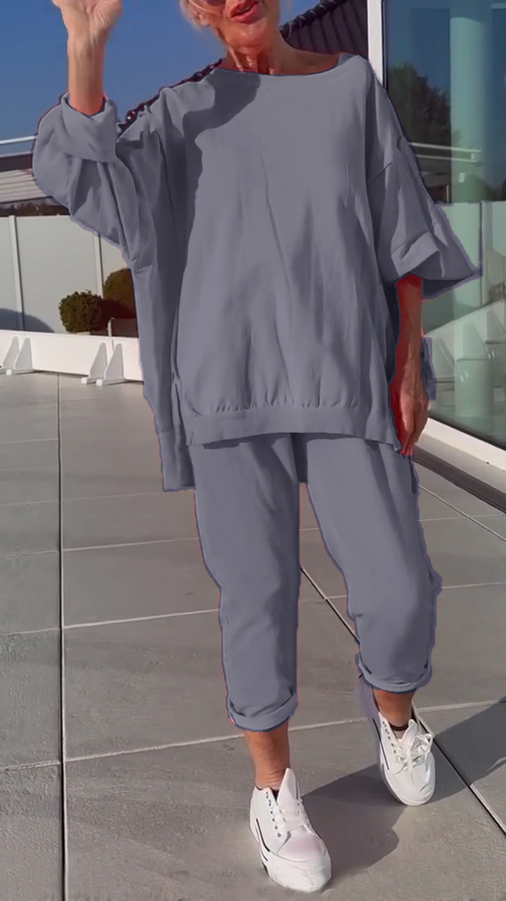 Women's Round Neck Slit Fluorescent Color Casual Suit