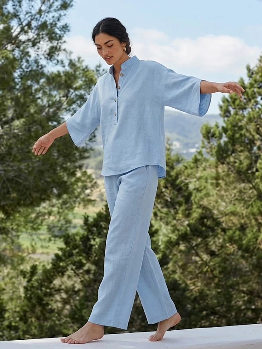 Plus Size Friendly Women’s Batwing Sleeve Linen Cotton Two-Piece Set – Casual Shirt & Wide Leg Pants Outfit