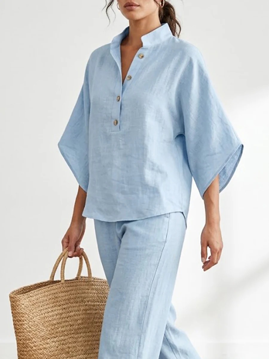 Plus Size Friendly Women’s Batwing Sleeve Linen Cotton Two-Piece Set – Casual Shirt & Wide Leg Pants Outfit