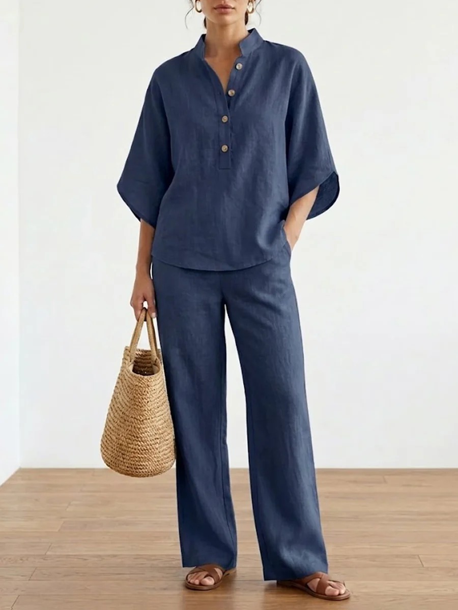 Plus Size Friendly Women’s Batwing Sleeve Linen Cotton Two-Piece Set – Casual Shirt & Wide Leg Pants Outfit