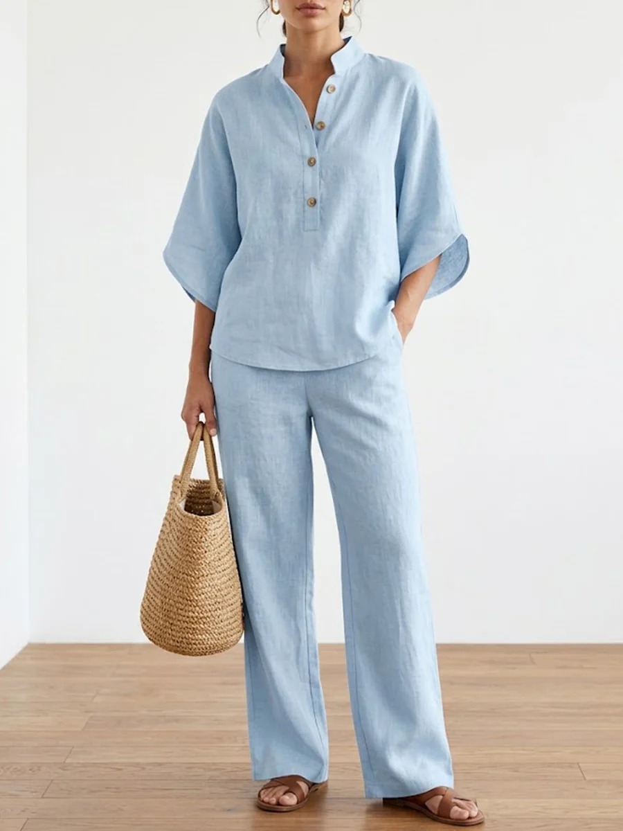 Plus Size Friendly Women’s Batwing Sleeve Linen Cotton Two-Piece Set – Casual Shirt & Wide Leg Pants Outfit