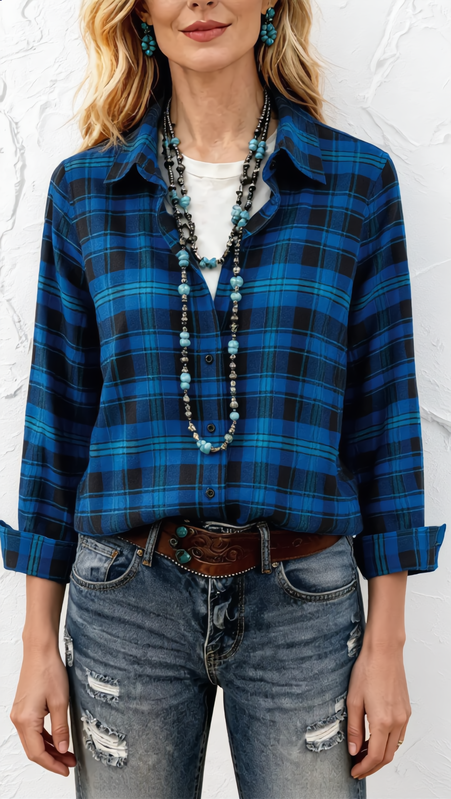 Women’s Plaid Flannel Long Sleeve Button‑Down Shirt