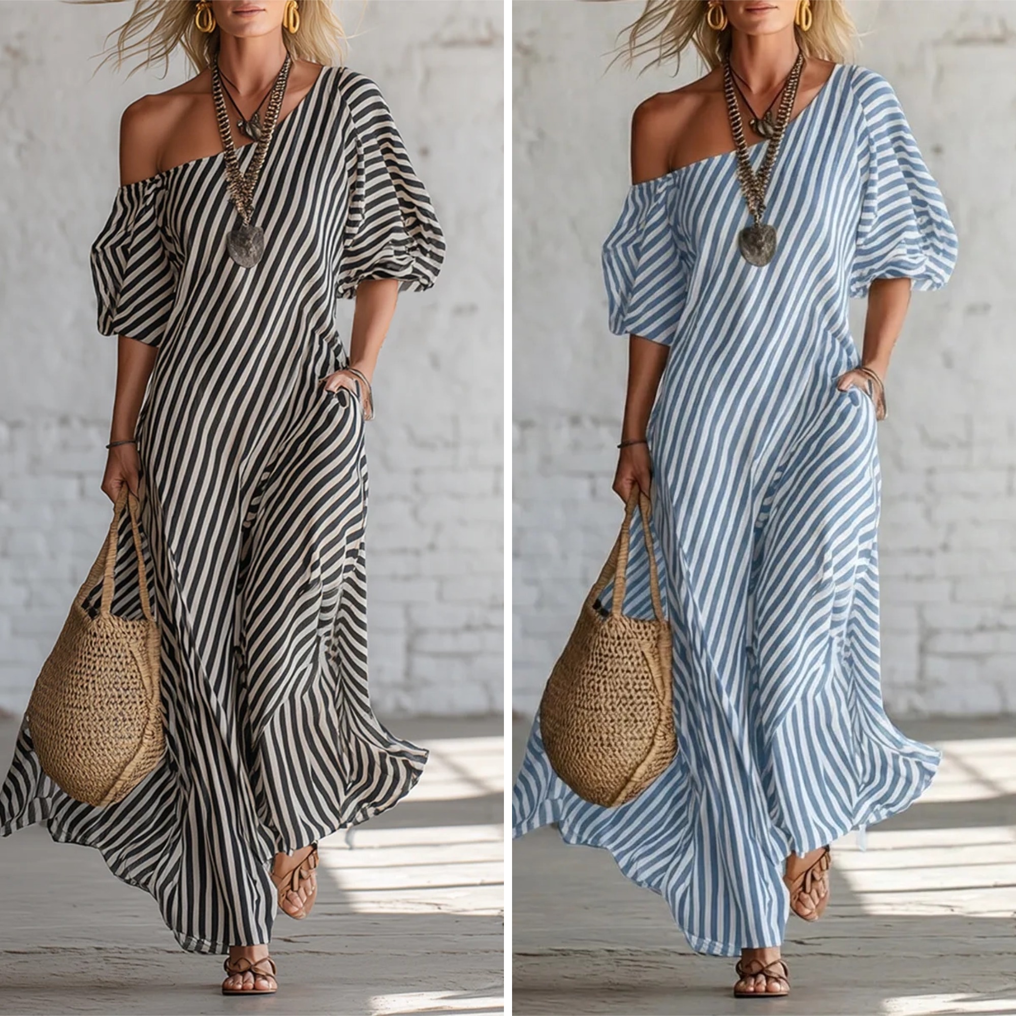 💗Plus Size Friendly Elegant And Classic Striped Off-shoulder Maxi Dress