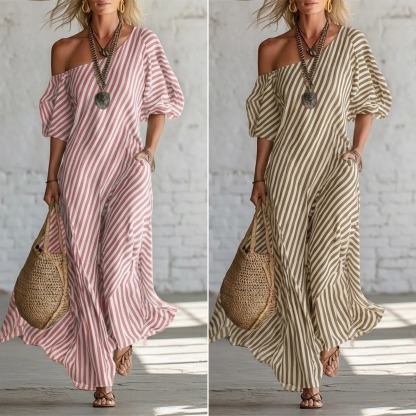 💗Plus Size Friendly Elegant And Classic Striped Off-shoulder Maxi Dress