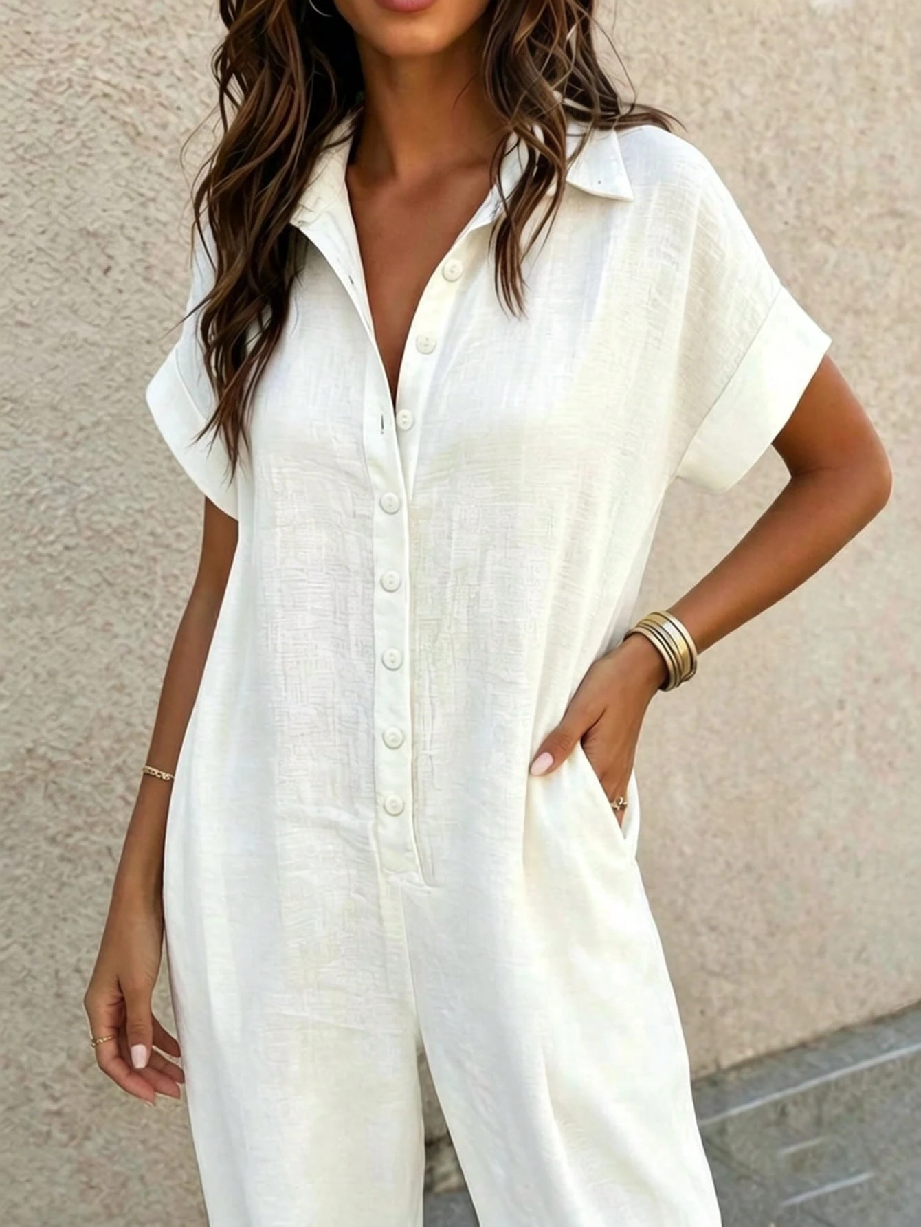 Women's Casual Loose Short Sleeve Button Jumpsuit