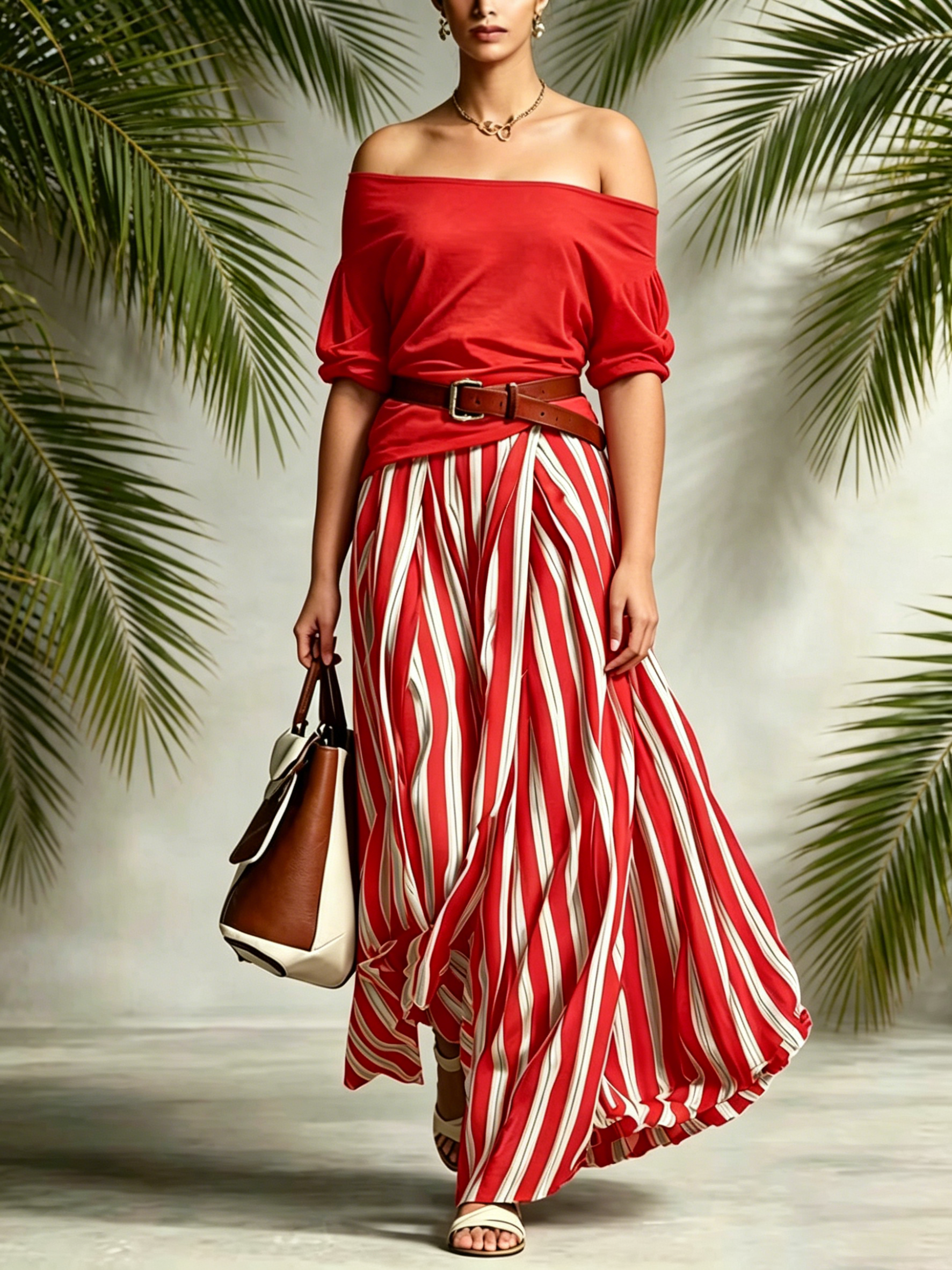 Effortless Striped Maxi Skirt Set with Belt – Relaxed Elegant Off-shoulder Two-Piece Outfit