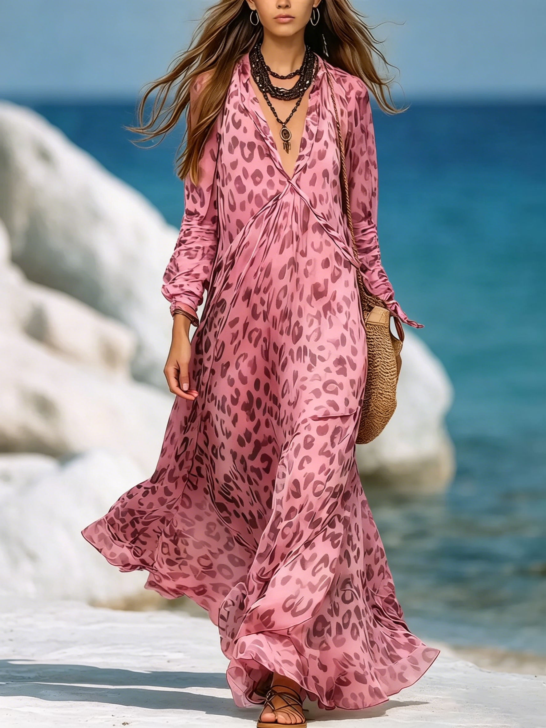 Women's Retro Leopard Pattern Art Print Casual Stylish Maxi Dress