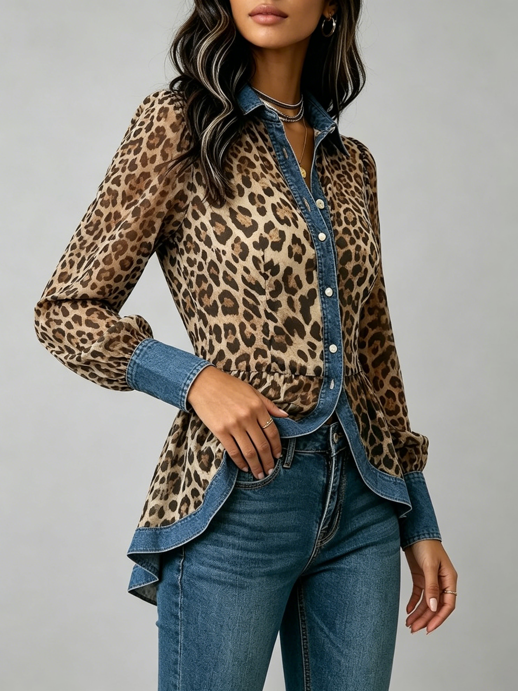 Casual & Stylish Spliced denim And Leopard Print Shirt