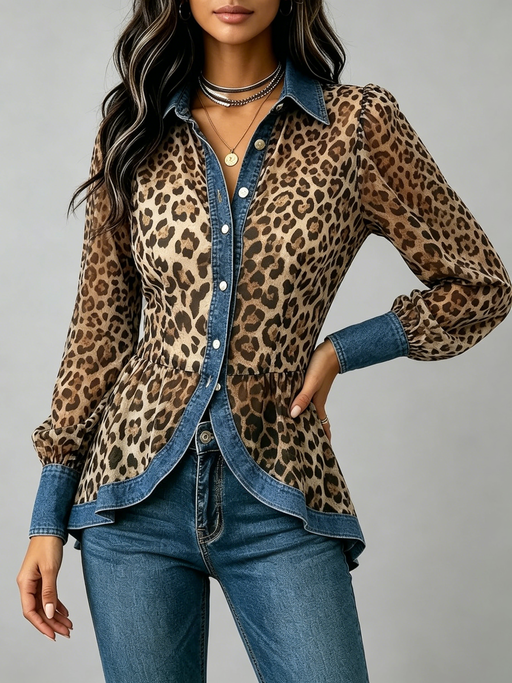Casual & Stylish Spliced denim And Leopard Print Shirt