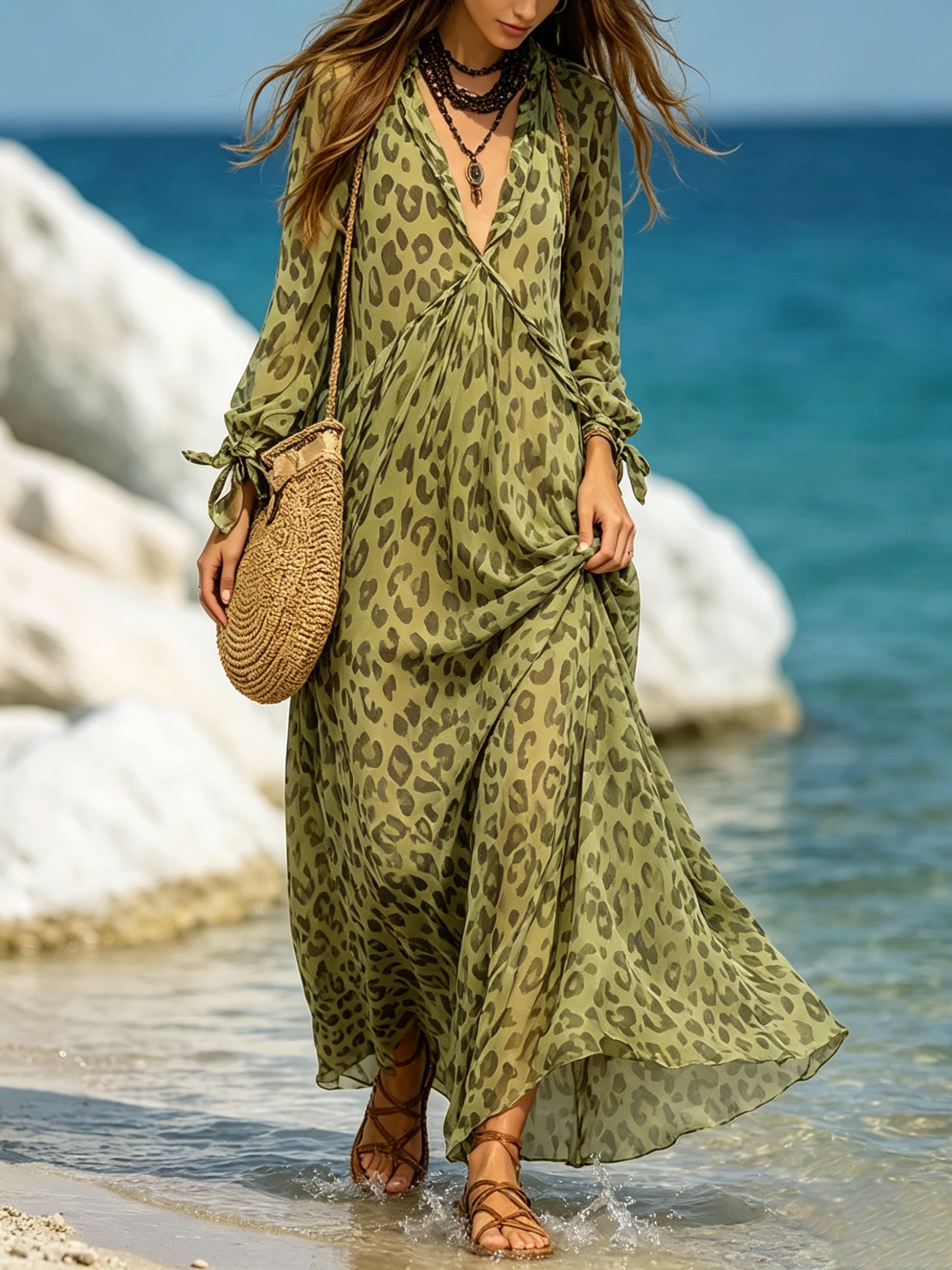 Women's Retro Leopard Pattern Art Print Casual Stylish Maxi Dress